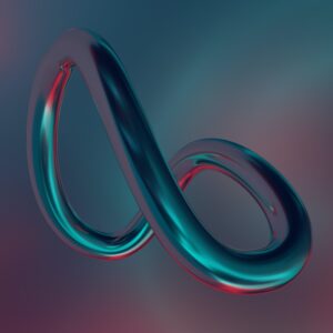 Rendered image of a metallic warped infinity symbol reflecting red and blue light.